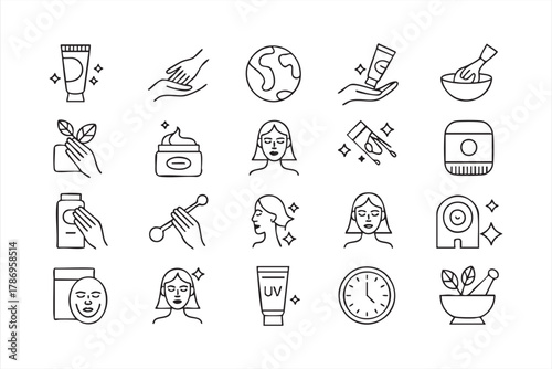 Beauty and wellness outline icons for facial treatment and cosmetic packaging design