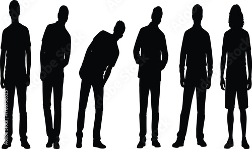 A group black silhouettes featuring diverse young adult men standing casually with various relaxed poses, representing community, friends, urban life, and youthful determination on a white background.