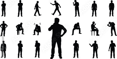Mega collection of diverse male silhouettes showing standing, walking, sitting, thinking, stress, anxiety, and various reflective, moody, or casual poses, isolated on white.