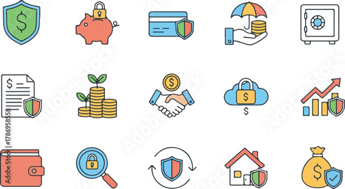 business and finance icons Money protection icon set. Financial security and insurance concept. Dollar sign with shield, safe payment, and investment safety symbols. Finance guarantee vector line 
