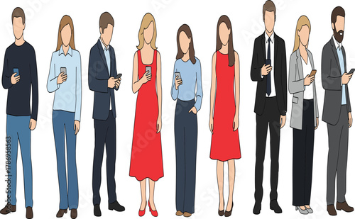 Diverse Group of People Standing and Using Mobile Phones, Digital Communication and Social Media Interaction, Technology Addiction and Wireless Connection Vector.