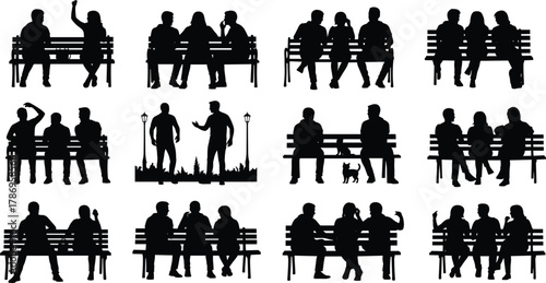 Silhouettes of people sitting, park benches, social interaction, urban design, public space, black figures, minimal art, outdoor scene, conversation, gesture