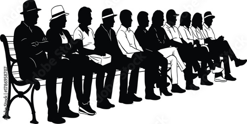 Long Line of Diverse People Sitting Closely on a Park Bench, Waiting and Community Concept, Public Gathering and Social Interaction Silhouette Vector.