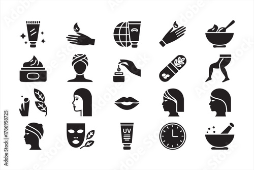 Skincare and cosmetic black icons pack for wellness and spa product branding