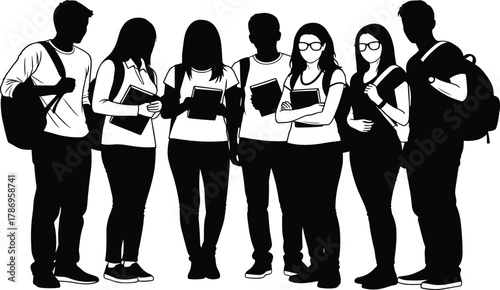 Diverse Group of Students Silhouette Standing Together with Books and Backpacks, Education and Academic Success Concept, University College Youth Learning and Study.