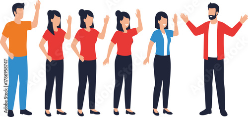 Group of Diverse People Waving Hands in Greeting and Participation, Happy Young Adults Introducing Themselves, Friendly Team Collaboration and Welcome Vector Illustration.