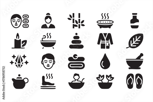 Spa and wellness solid icon set for relaxation, beauty, and health design projects