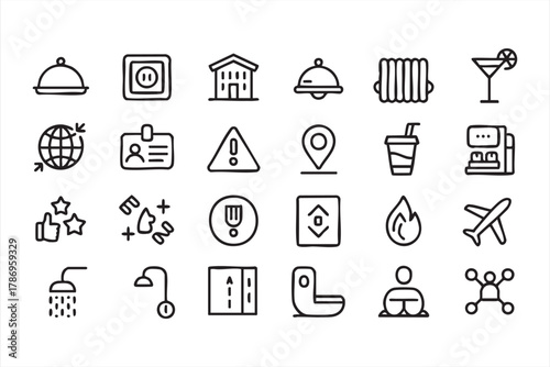 Minimalist black vector icons of hotel amenities and travel facilities