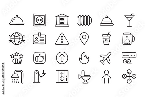 Tourism and accommodation line art icons for website and booking visuals