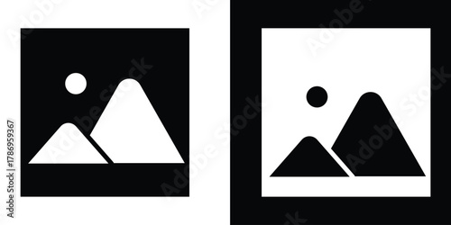 Photo or gallery icons with mountains and sun, representing image display, photo gallery, or media content in minimalistic design style eps 10