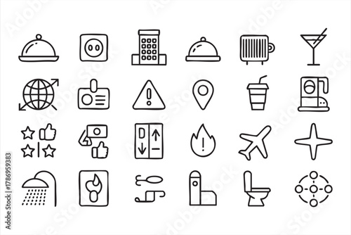 Hotel service amenities icons set for booking, maps, and hospitality design
