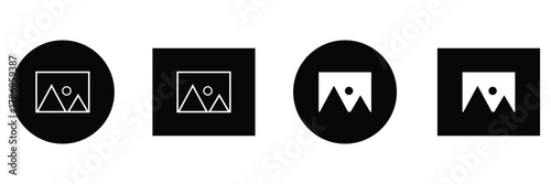 Photo or gallery icons with mountains and sun, representing image display, photo gallery, or media content in minimalistic design style eps 10
