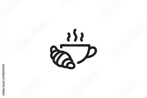 Coffee and croissant minimalist line icon for café and breakfast design