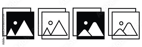 Photo or gallery icons with mountains and sun, representing image display, photo gallery, or media content in minimalistic design style eps 10