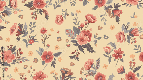 This vintage floral pattern features a soft, creamy background adorned with charming red and pink flowers, creating a romantic and timeless aesthetic.