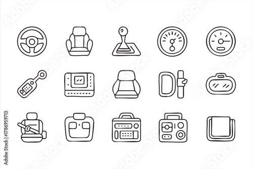 Vehicle controls and dashboard vector symbols in minimalist outline style