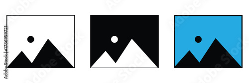 Photo or gallery icons with mountains and sun, representing image display, photo gallery, or media content in minimalistic design style eps 10