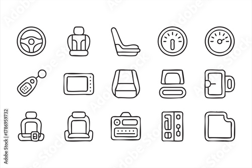 Modern black line icons of automotive interiors and driving instruments