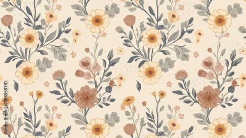 A beautiful floral pattern with soft, muted tones of beige, brown, and cream, creating a vintage and elegant design perfect for backgrounds and textiles.