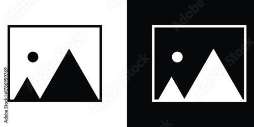 Photo or gallery icons with mountains and sun, representing image display, photo gallery, or media content in minimalistic design style eps 10