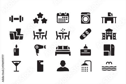 Tourism and accommodation vector symbols in bold black style