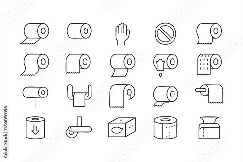 Minimalist black line icons of tissue rolls and sanitary products