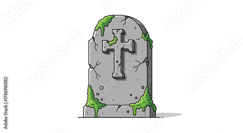 Ancient mossy tombstone with Christian cross symbol weathered by time, evoking history and remembrance