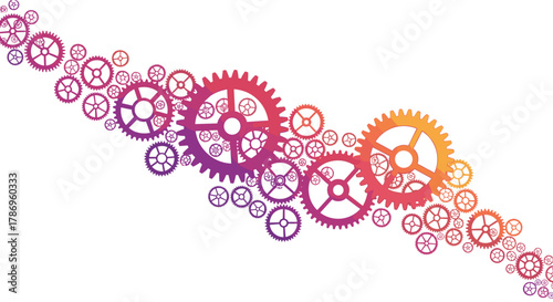 Dynamic gradient gears interlock and rotate, symbolizing progress, teamwork, and industrial innovation in a vibrant, modern design