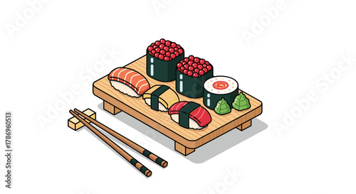Vibrant isometric sushi platter with chopsticks and wasabi, perfect for culinary marketing and Japanese restaurant promotions