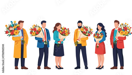 Diverse group of people holding vibrant colorful bouquets, celebrating joy, appreciation, and special moments with flowers