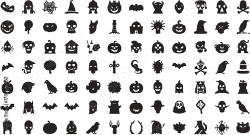 A collection of Halloween-themed silhouette icons, including pumpkins, ghosts, bats, skulls, and other spooky elements, perfect for holiday designs and decorations.