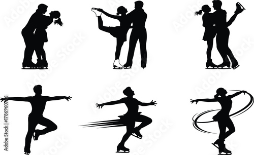 Silhouette figure skaters performing elegant ice dance movements and artistic poses isolated on white background vector illustration for winter sports design