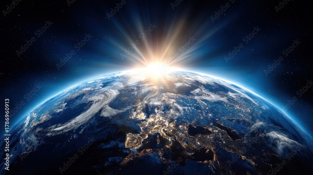 Obraz premium The Earth, a blue planet with a glowing sun and a starry sky, is depicted from space, showcasing its vast surface and the illuminated cities below.