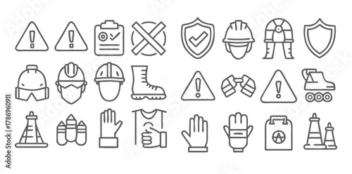 Work Safety & Industrial Protection Icons | Minimal Black Line Vector Set on White Background
