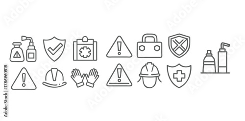 Work Safety & Industrial Protection Icons | Minimal Black Line Vector Set on White Background