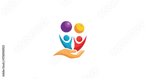 Vibrant community logo symbolizes care, support, and unity with colorful abstract figures held by a caring hand