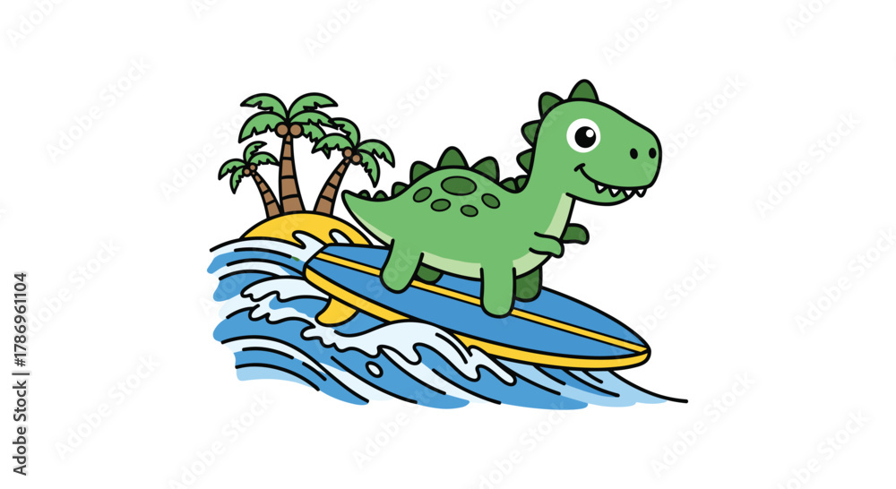 Naklejka premium Joyful cartoon dinosaur surfs a wave near palm trees, embodying summer fun and adventure for kids
