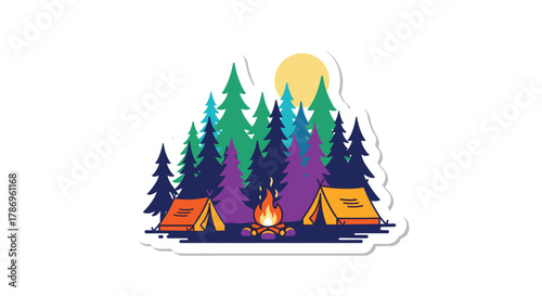Vibrant forest campsite scene with glowing campfire and colorful tents under a bright sun