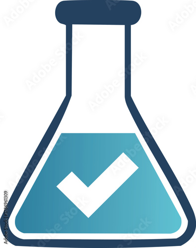 Chemical laboratory flask with a checkmark, symbolizing successful scientific research and quality control in a science or industry setting