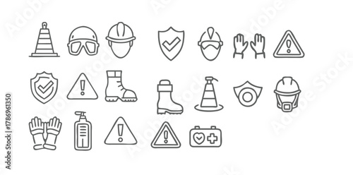 Work Safety & Industrial Protection Icons | Minimal Black Line Vector Set on White Background