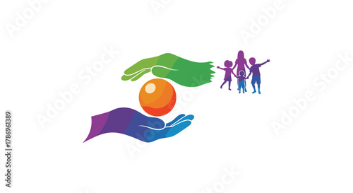 Caring hands protect vibrant family silhouette, symbolizing protection, community, and future growth