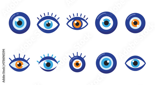 Discover protection and style with this collection of vibrant evil eye symbols and eye icons in classic blue and orange hues