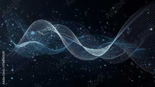 Abstract digital wave design with flowing lines and particles, creating a dynamic visual representation of data and technology on a dark background.