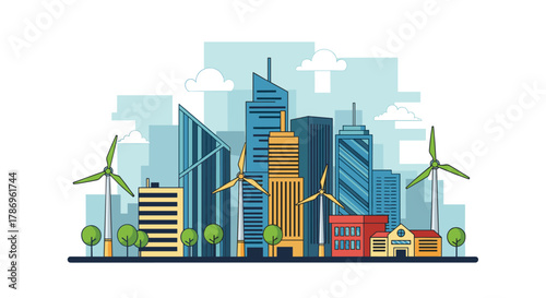 Sustainable urban cityscape with modern skyscrapers and wind turbines generating clean energy for a greener future