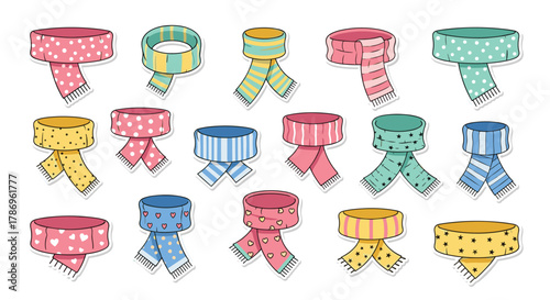 Charming collection of colorful winter scarves featuring playful patterns like polka dots, stripes, hearts, and stars for cozy fashion