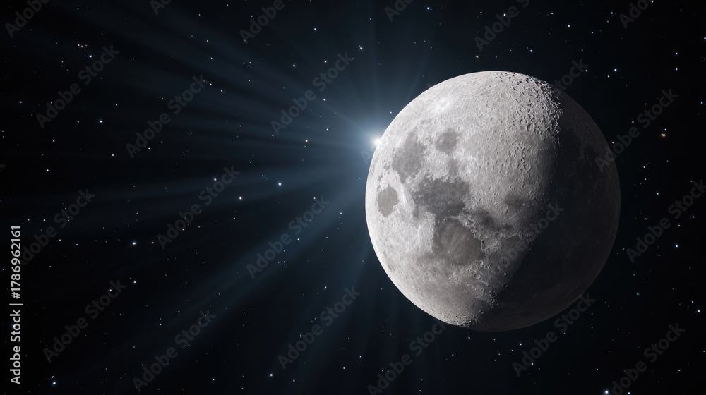 Obraz premium The moon, illuminated by a bright star, against a starry night sky.