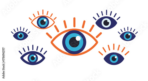 Vibrant collection of stylized blue eyes with radiating orange lines, symbolizing attention and observation