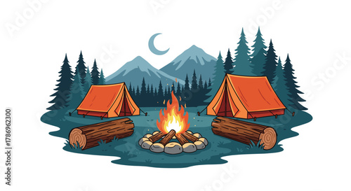 Cozy campsite scene with two tents, crackling campfire, and majestic mountains under a crescent moon