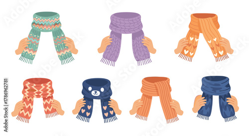 Cozy collection of hands holding colorful knitted scarves, perfect for winter fashion and seasonal promotions