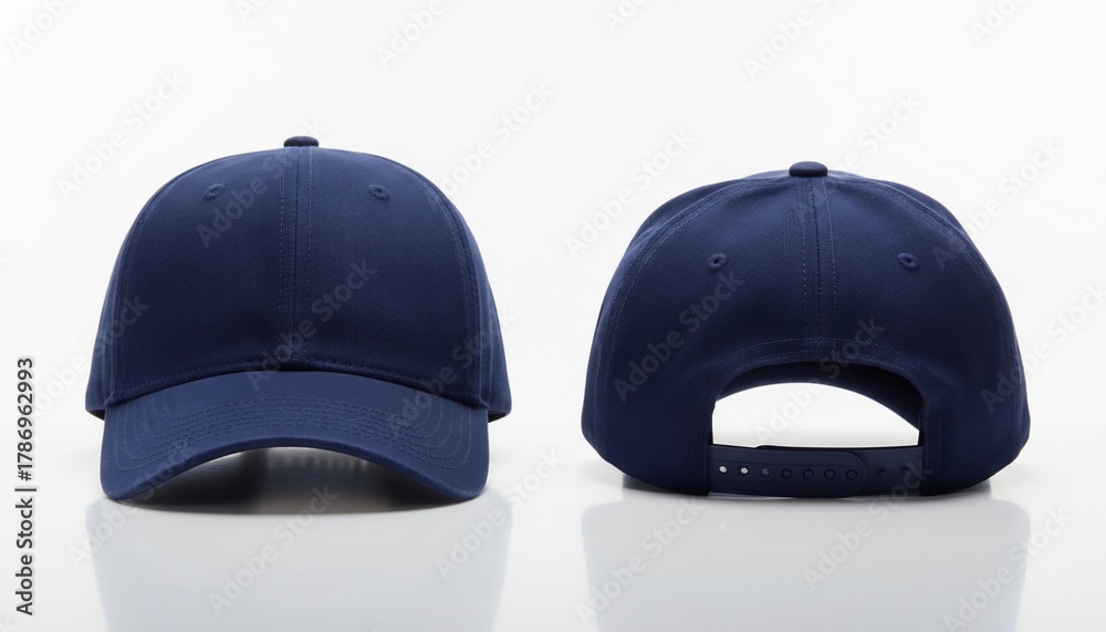Obraz premium A pair of deep navy blue baseball caps viewed from the front and back on a white background